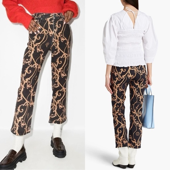 GANNI 90s Baroque Logo Print Denim High Rise Cropped Bootcut Flare Leg Jeans 26 - Picture 8 of 16